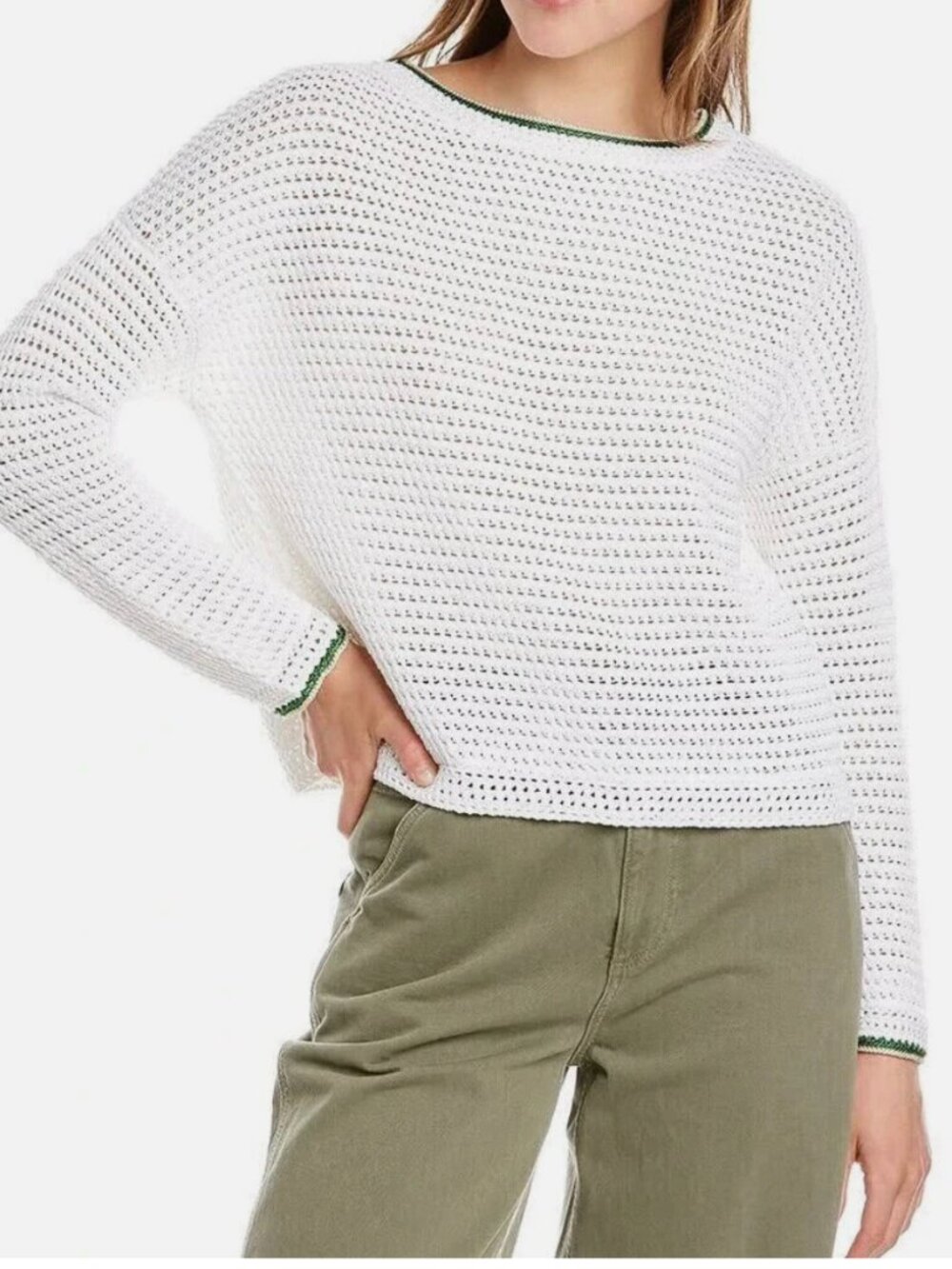 Vince Women's Crochet Tipped Organic Cotton Optic White Sweater-MED